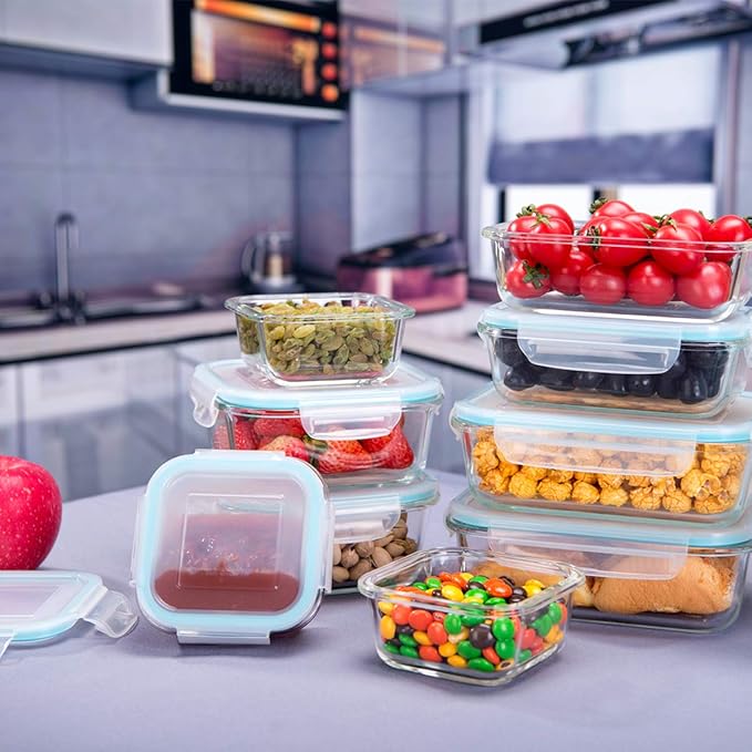 18 Piece Glass Food Storage Containers with Lids, Glass Meal Prep Containers, food storage Containers for Food Storage with Lids, BPA Free & Leak Proof (9 lids & 9 Containers)