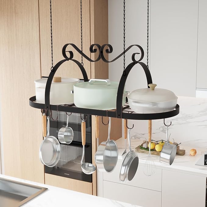 Hanging Pot Rack Ceiling Mount, 33" Metal Ceiling Pan Hanging Rack with 15 S Hooks, Oval Pot and Pan Storage Rack, Decorative Vintage Brown Pot Hangers for Kitchen Organize Utensils Cookware