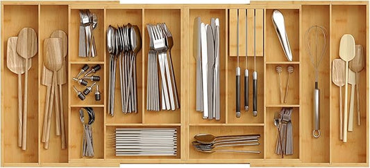 HO0BRO Large Silverware Organizer Kitchen Drawer Organizer, Magnetic Connected Expandable Utensil Organizer From 22 to 35 Inches, Bamboo 16 Slots Cutlery Tray with Knife Holder, Natural YL07TL01