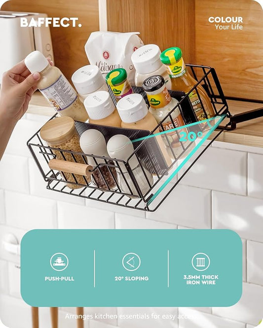 Baffect Pull-Down Cabinet Organizer, 20° Sloping Drop Down Spice Rack with 2 Adjustable Dividers, Heavy-Duty Sliding Out Storage Basket for Pantry/Cupboard/Upper Cabinet (Metal, Black)