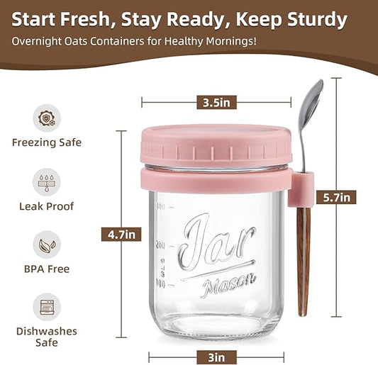 LANDNEOO 6 Pack Overnight Oats Containers with Lids and Spoons, 16 oz Glass Mason Overnight Oats Jars, Large Capacity Airtight Jars for Milk, Cereal, Fruit(Pink)