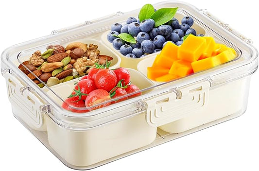 Divided Serving Tray with Lid and Handle, Snackle Box Container mit 4 Compartments Clear Serving Platters and Trays,Snack Platters for Veggie Fruits Snacks Nuts, for Picnic Party Travel