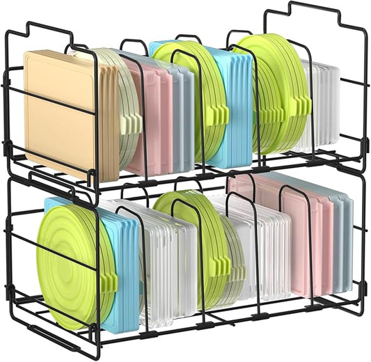 2 Tiers Stack Food Storage Container Lid Organizer 8 Dividers Storage Container Lid Holder Rack for Cabinets, Cupboards, Pantry Shelves, Drawers to Keep Kitchen Tidy, Black