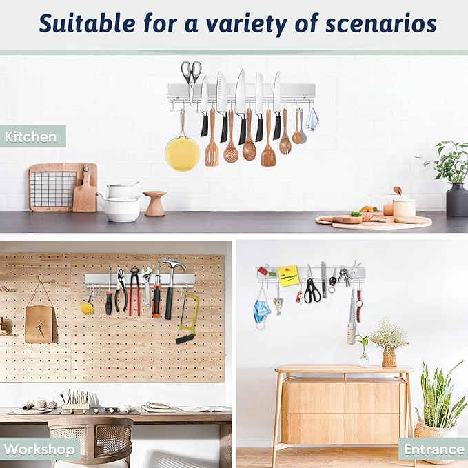 17 Inch Magnetic Knife Holder for Wall - Stainless Steel Knife Magnetic Strip No Drill with 10 Hooks/Adhesive Tape/Screws, Kitchen Utensil Holder, Magnetic Knife Organizer, Wall Mounted Knife Storage