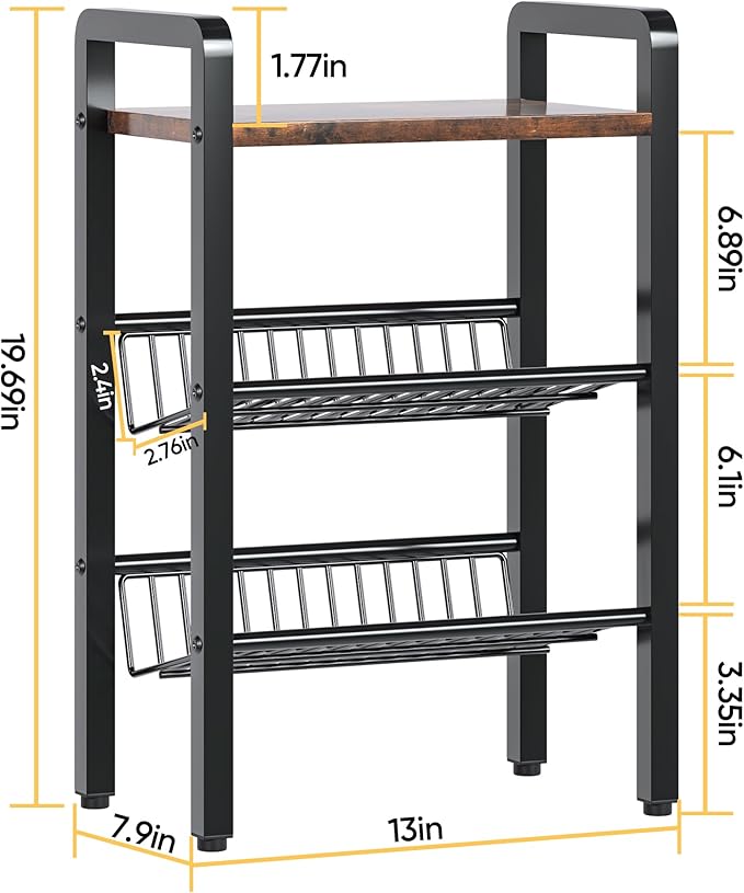 3 Tier Kitchen Countertop Organizer-Shelf -Coffee Shelf with Slanted Metal Mesh & Wood Board, Multi-Functional Spice Rack for Coffee, Bar, Office