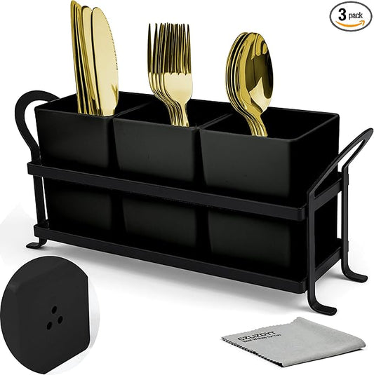 Cutlery Holder with Drain Holes, Silverware Caddy for Party Countertop, 3pcs Bins Set Utensil Holders for Spoon and Fork, Black