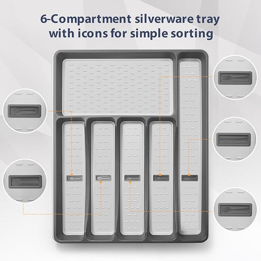 Silverware Organizer with Cutlery Icons，Silverware Tray for Kitchen Drawer，Plastic Flatware Tableware Cultery Drawer Organizer Utensil Organizer with Non-slip TPR Linings，6-Compartment
