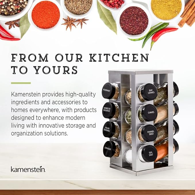 Kamenstein 16 Jar Montauk Revolving Countertop Spice Rack Organizer with Spices Included, FREE Spice Refills for 5 Years, Chrome with Black Caps