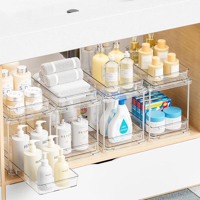 Yieach 4 Pack Under Sink Organizers and Storage,Clear Acrylic Bathroom Organizer and Cabinet Organization for Makeup,Medicine,Two Tier Pull Out Cabinet Organizer Drawers for Pantry,Vanity Storage Bins