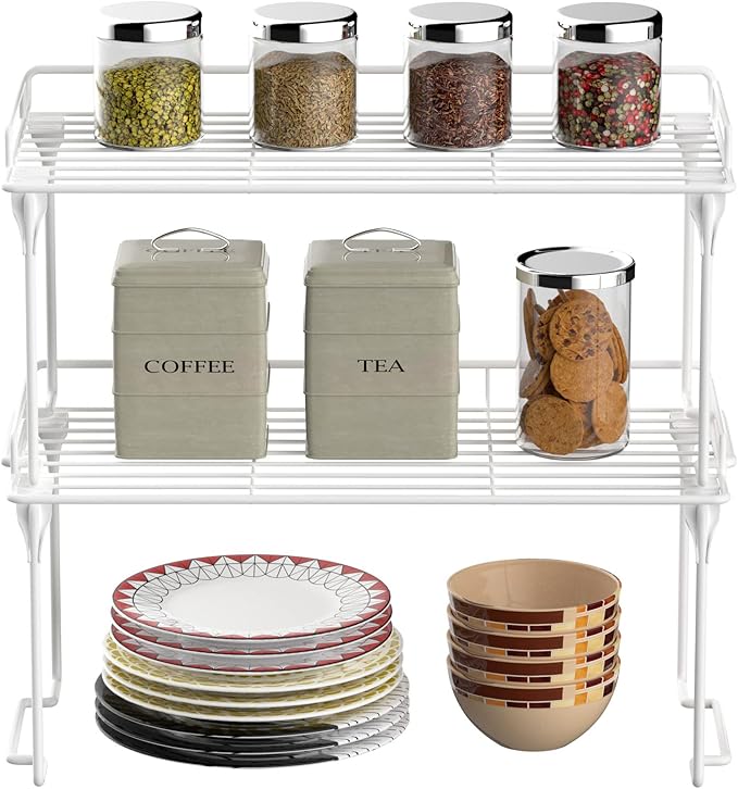 Redrubbit Kitchen Cabinet Storage Shelf Rack, Stackable & Foldable Counter Spice Racks, Multifunctional Storage Racks for Kitchen, Bathroom, Cupboard & Pantry Organization, Set of 2