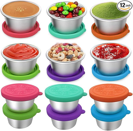 12 Pack Salad Dressing Container To Go 2.4oz Small Condiment Containers with Leakproof Silicone Lids Reusable Stainless Steel Sauce Cups for Office Lunch Bento Box Picnic Meal Prep Travel Party