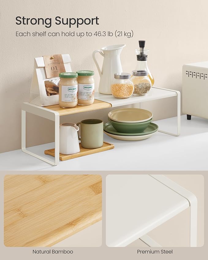 SONGMICS HOME Spice Racks, Expandable Cupboard Shelf Orgnizers, Kitchen Counter Shelves, Bamboo and Metal, Space-Saving Shelving, Stackable, Natural Beige and Cream White UKCS051N01