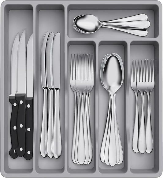 Lifewit Silverware Drawer Organizer Tray, Plastic Cutlery Storage for Kitchen Drawer, Flatware and Utensil Holder Divider for Spoons Forks Knives Tableware, 6 Compartment, Gray