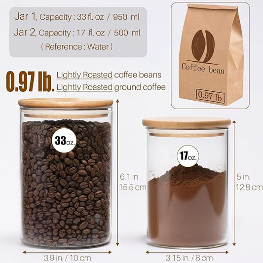 Glass Food Storage Jars with Airtight Lids, 33 oz Clear Glass Jar with Bamboo Lid, Airtight Food Canister for Tea, Candy, Coffee, Sugar, Cookie, Snack. (Round | 5+6 Inch)