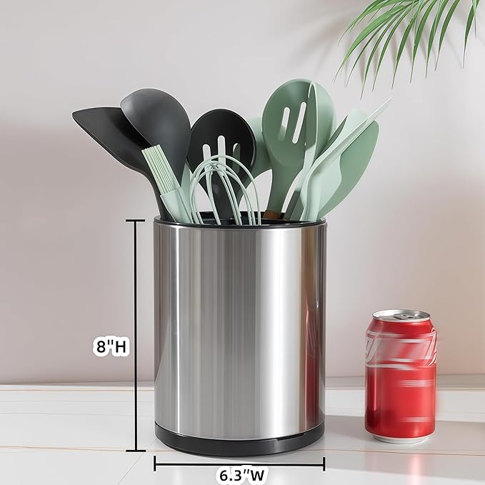 Kitchen Utensil Holder Extra Large 360°Rotating For Counter Organizer Stainless Steel Storage Cooking Silverware Caddy 3 Compartment Flatware Spoon Spatula Tool Cutlery Container（Silvery）