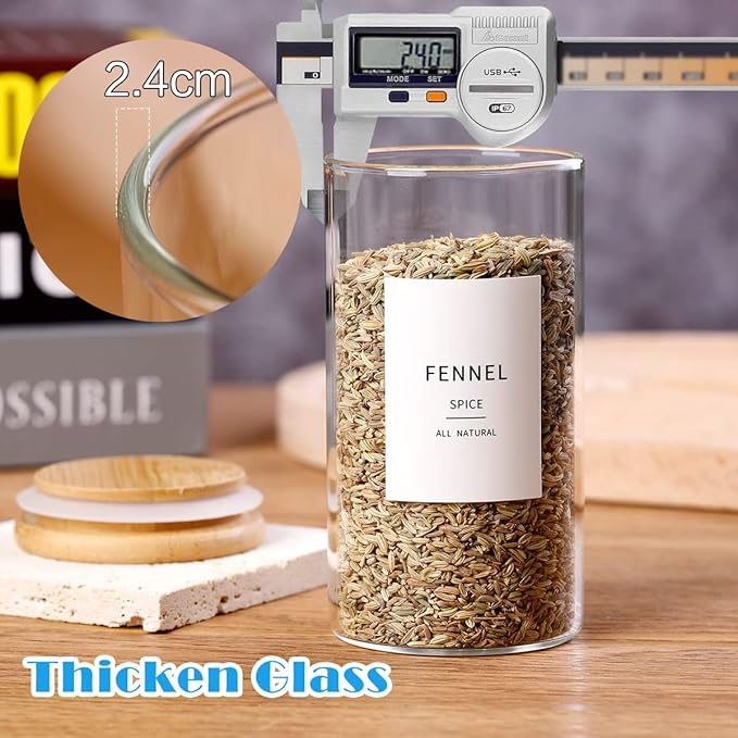 12 Pcs Glass Spice Jars With Bamboo Airtight Lids 8oz Thicken(2.4mm) Spice Containers With 148 Minimalist Preprinted Waterproof Spice Labels Kitchen Empty Small Storage Jars For Seasoning, Herb