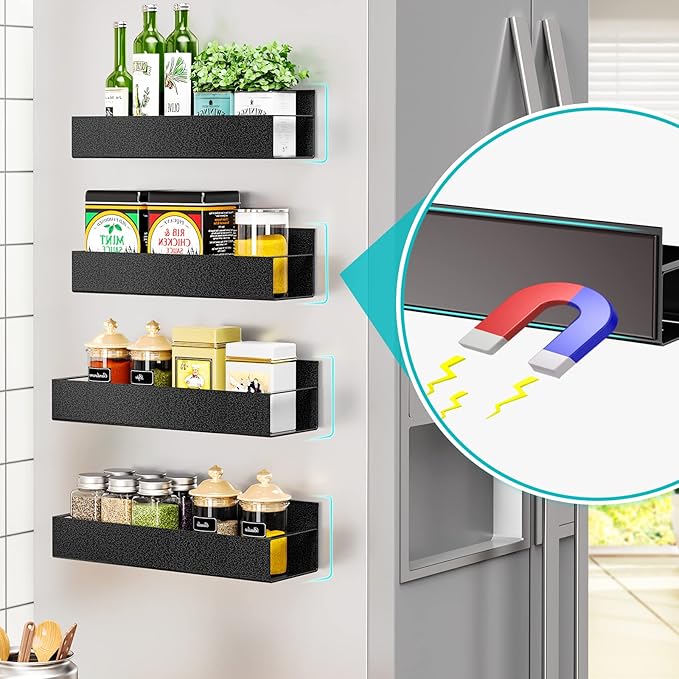 4 Pack Moveable Fridge Magnetic Spice Racks,Metal Cyan
