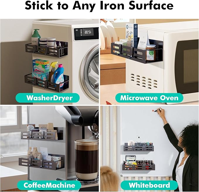 4 Pack Magnetic Spice Rack for Refrigerator with 4-Hook Rack and Paper Towel Holder, Black Magnetic Shelf and Fridge Kitchen Cabinet Organizers Storage Seasoning Organization Mini Shelves.