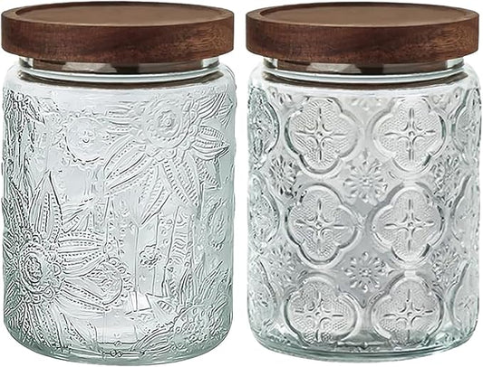 24 OZ Airtight Glass Storage Jar with Bamboo Lid - Vintage Glass Jar Vintage Food Containers Canisters Set for Kitchen Counter & Pantry - Ideal for Sugar, Flour, Coffee, Tea, Candy, Oats -2 Pack