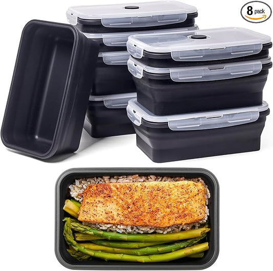 Collapsible Food Storage Containers with Lids, 8 Pack, 40 oz Silicone 1-Compartment Meal Prep Containers Reusable, Lunch Bento Boxes for Adults, Microwave Freezer Dishwasher Safe, BPA-Free, Black