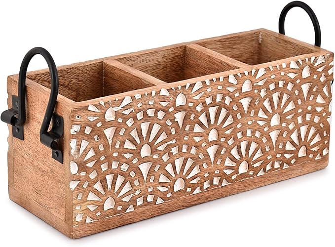 NIRMAN Mango Wood 3 Compartment Multi Purpose Utensil Cutlery Racks for Cutlery, Napkins, Cups Caddy Organizer (11" x 4" x 4.5")