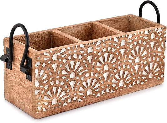 NIRMAN Mango Wood 3 Compartment Multi Purpose Utensil Cutlery Racks for Cutlery, Napkins, Cups Caddy Organizer (11" x 4" x 4.5")