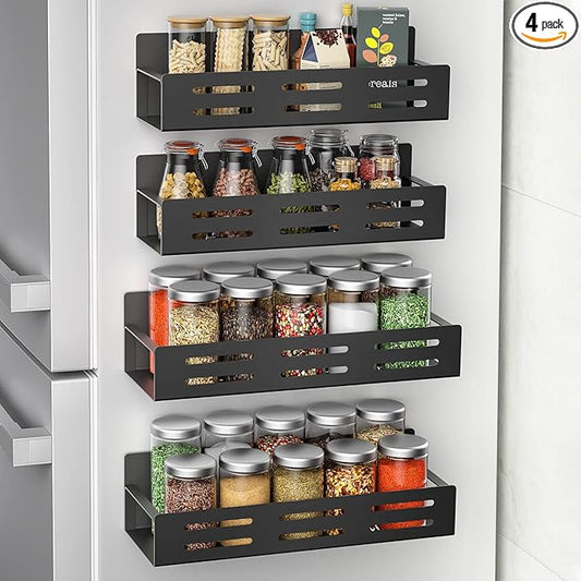MFTEK Magnetic Spice Rack for Refrigerator, 4 Pack Spice Rack Organizer Strong Magnetic Shelf Seasoning Organizer, Metal Side Fridge Storage Rack, Space Saving Kitchen Organization