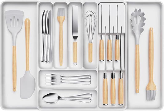 Lifewit Silverware Organizer for Kitchen Drawers, Expandable Utensil Tray with Removable Knife Block, Adjustable Cutlery and Flatware Holder, Plastic Spoon Forks Holder Storage Divider, Large, White