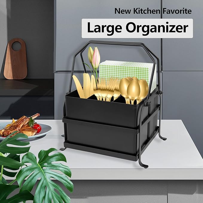 Silverware Caddy Utensil Organizer With Handle, Outdoor Picnic and Camping Utensil Holder, Flatware Holder for Party Gatherings, Metal - Black