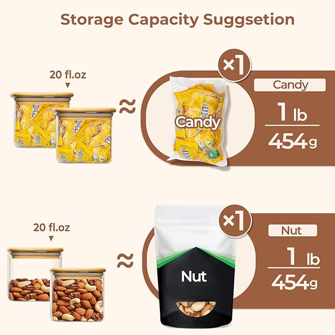 ComSaf 20 oz Glass Food Storage Jars Set of 6, Clear Storage Containers with Airtight Lids, Pantry Organization Jar, Spice Jar, Blooming Tea, Coffee and Sugar Container, Canister Set for Kitchen
