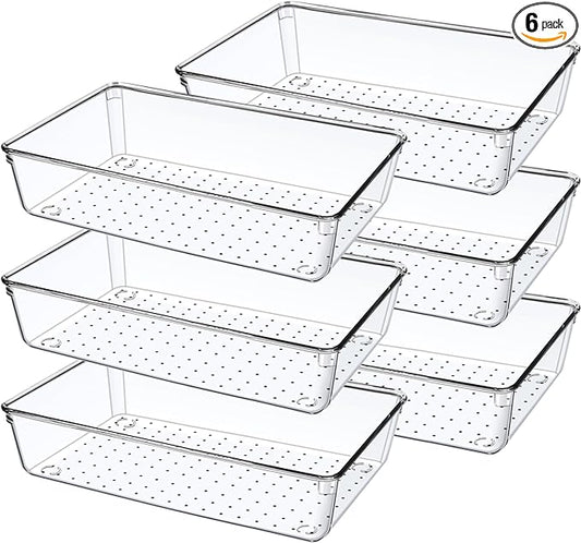 6 Pack Drawer Organizers, Plastic Clear Acrylic Non Slip Non Cracking kitchen drawer organizer Stackable Bathroom Drawer Organizer Trays, Storage Bins for Makeup, Bathroom, Kitchen Office