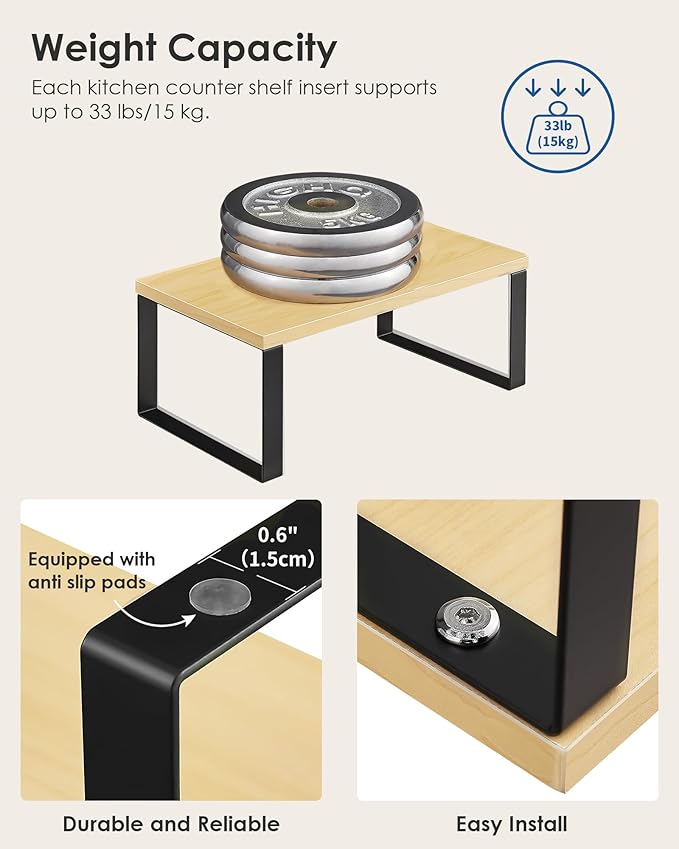 Kitchen Counter Shelves, Set of 2, 11.7" W Stackable Kitchen Spice Rack Organizer, Heavy Duty Wood Metal Shelves for Spices, Pantry Storage, Space Saving, Black Natural Beige TJ29HN02