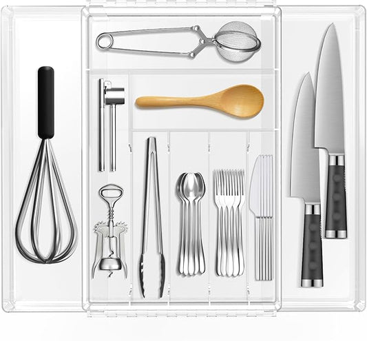 JYPS Silverware Organizer - Expandable Kitchen Drawer Organizer, Adjustable BPA Free Utensil Organizer, Cutlery Drawer Organizer for Forks, Knives, Clear Large