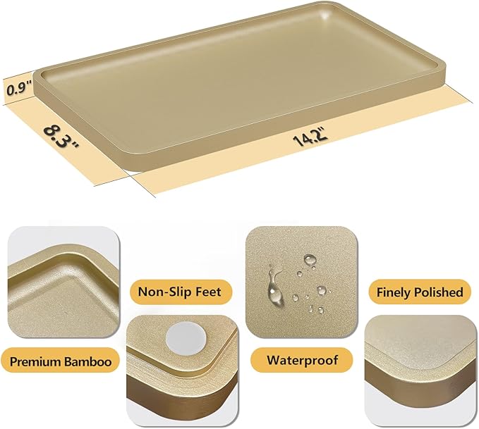 Weenson Gold Bathroom Vanity Tray for Countertop Decor Perfume Makeup Toiletries Toilet Tank, Large Bamboo Kitchen Tray for Spice Salt, Serving Tray for Food Coffee, Nightstand Candle 14.2”x8.3”