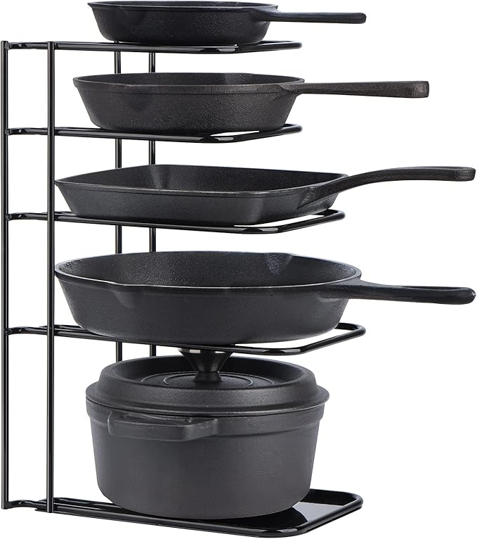 Toplife Heavy Duty Pan Organizer, 5 Tier Pot and Pan Organizer Rack for Cast Iron Skillets, Griddles and Pots - Sturdy Steel Construction- No Assembly Required - Black