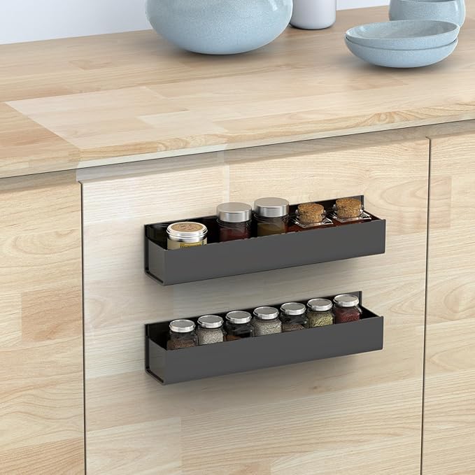 VAEHOLD Adhesive Acrylic Spice Rack with Nano Double Sided Tape Wall Mount Organizer, Black Wall Spice Rack With Shelf Ends for Kitchen Cabinet Door - 2 Pack 12‘’ Shelves