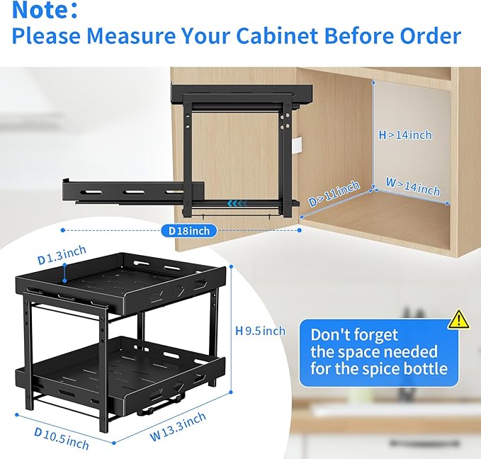spice organization for cabinet, 2-Tier Cabinet Spice Rack Organizer, Height Adjustable Vertical Spice Rack for Kitchen Cabinet (14.1''Wx10.8''Dx9.2''H, Metal Black)