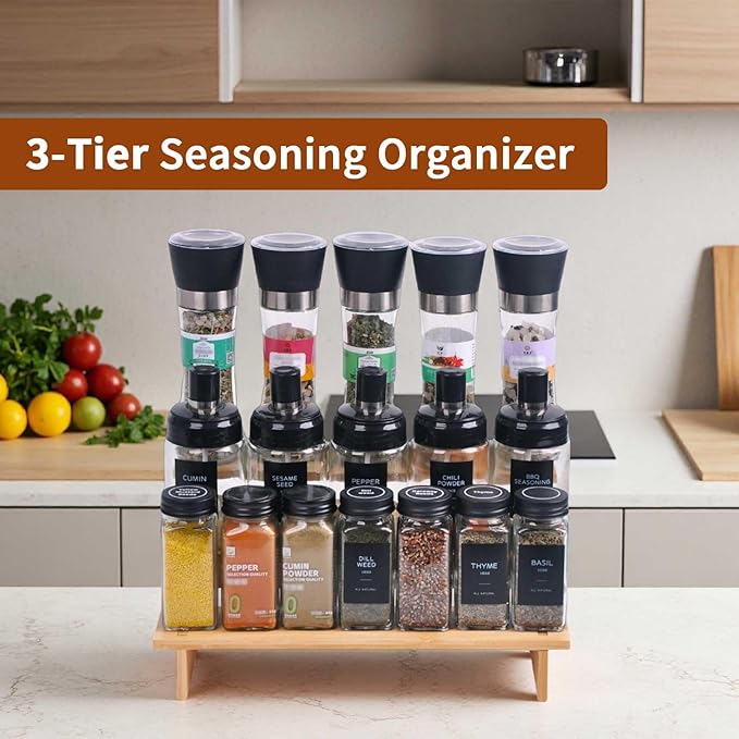 JinDoWin 3 Tiered Spice Rack Organizer for Cabinet,Spice Organization for Cabinet, Seasoning Organizer,Spice Shelf and Spice Organizer for Cabinet,Pantry Organizers and Storage (1 Pack, Small)