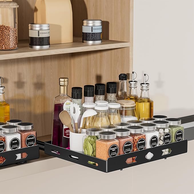 Metal Black Pull Out Spice Rack Organizer, Heavy Duty-Slide Out, Vertical Spice Rack for Kitchen Cabinet and Pantry (12.6''Wx10.5''Dx2.8''H)