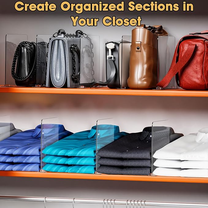SSAWcasa Acrylic Shelf Dividers, 8 Pack Closet Organization Shelf Organizer for Any Thickness Wood Shelves, Clear Adjustable Purse Bag Sweater Shelving Separator for Bedroom Cabinet Office Storage