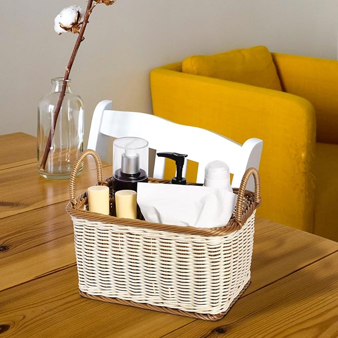 Cabilock Wicker Flatware Organizer, Cutlery Holder for Countertop, Woven Cutlery Storage with Handles, 4 Compartments Utensil Tableware Basket