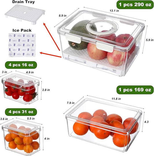 Taiuloo Airtight Fruit Storage Containers for Fridge with Lids & Handle, Refrigerator Organizers Storage Set of 10 - Clear Berry Vegetable Fresh Produce Saver, Stackable Fridge Organizer Bins