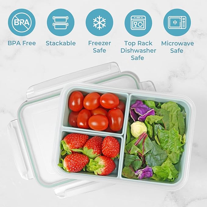 carrotez Food Storage Container with 3 Removable Compartments, Food Prep Container with Airtight Lids, Portion Control Container, Reusable, BPA Free, 6.3 Cup (1500ml)