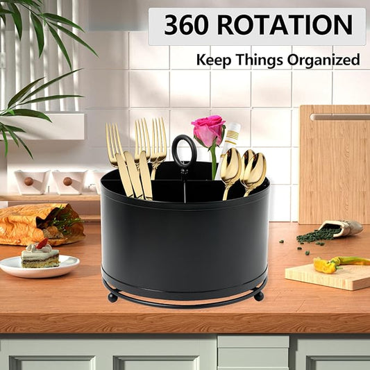 360°Rotating Silverware Caddy,Countertop Silverware Holder,Round Cutlery Caddy Fork Spoon Knife Utensil Organizer Plastic Flatware Holder for Parties Desk Organizer Caddy Pen Pencil Holder -Black