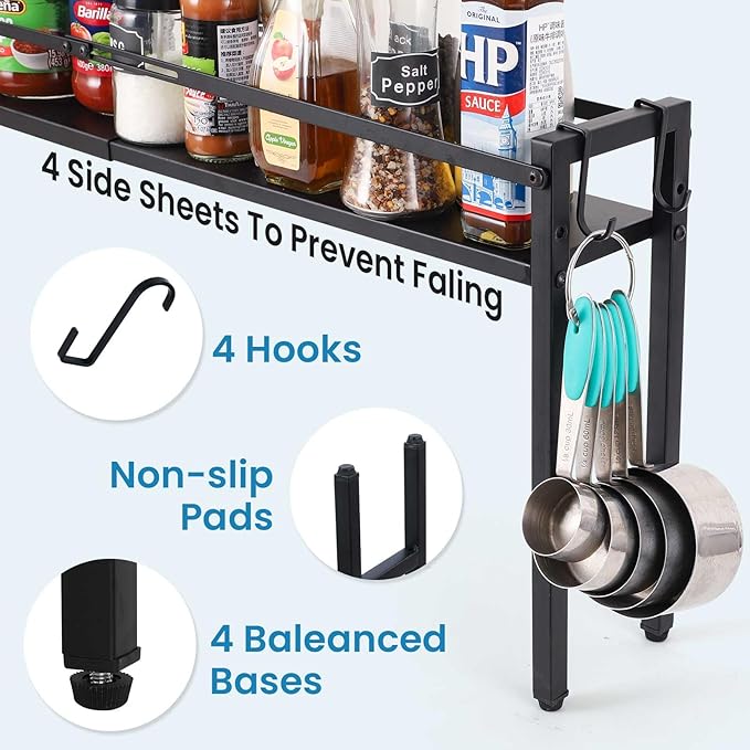 Stove Top Shelf, Extendable Spice Rack for Kitchen - Adjustable Over-the-Stove Shelf with 4 Hooks, Seasoning Organizer Countertop, Extra Space Saver (Black)