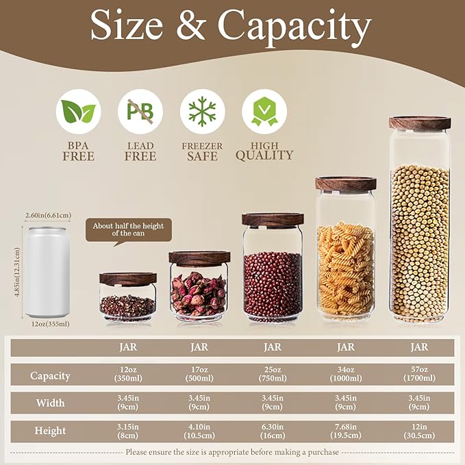 Glass Canisters with Airtight Lids - Glass Storage Jars for Kitchen and Pantry, Coffee Grounds Container for Cereal, Salt, Seed, Spice, Tea, Candle, Mixed Sizes (Set of 5)