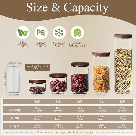 Glass Canisters with Airtight Lids - Glass Storage Jars for Kitchen and Pantry, Coffee Grounds Container for Cereal, Salt, Seed, Spice, Tea, Candle, Mixed Sizes (Set of 5)