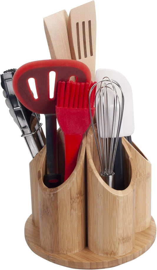 MobileVision Bamboo Circular Rotating Utensil Holder & Kitchen Organizer, 5 Sections, Store Forks, Spoons, Knives, Serving Utensils, and Other Cooking Tools