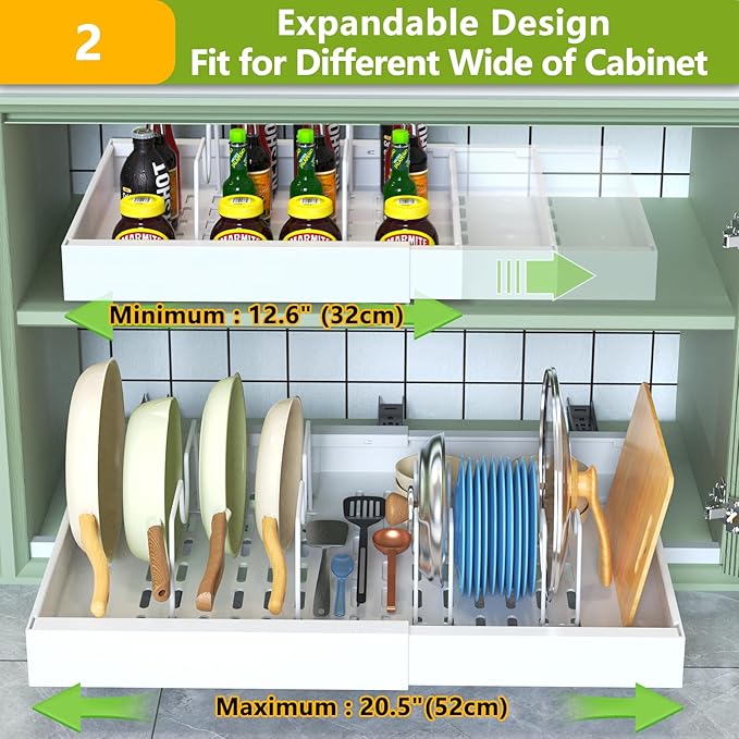 2 Pack Pull Out Cabinet Organizer,21" Deep,Expandable Compatible Framed Cabinet Slide Out Organizers,With Adhesive Nano Film And 6pcs Divider Racks Pull Out Drawers For Kitchen Cabinets