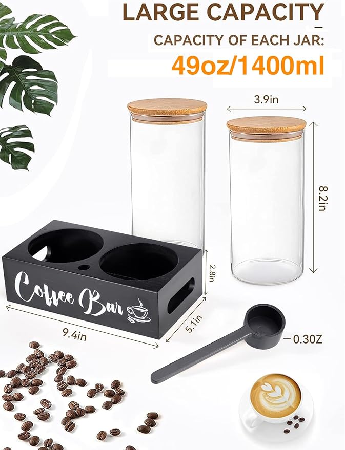 ANPHSIN 2Pcs 49oz Large Capacity Glass Coffee Containers - BPA Free Storage Jars with Shelf Lids and Spoon for Coffee Bean Bar Station Kitchen Gift